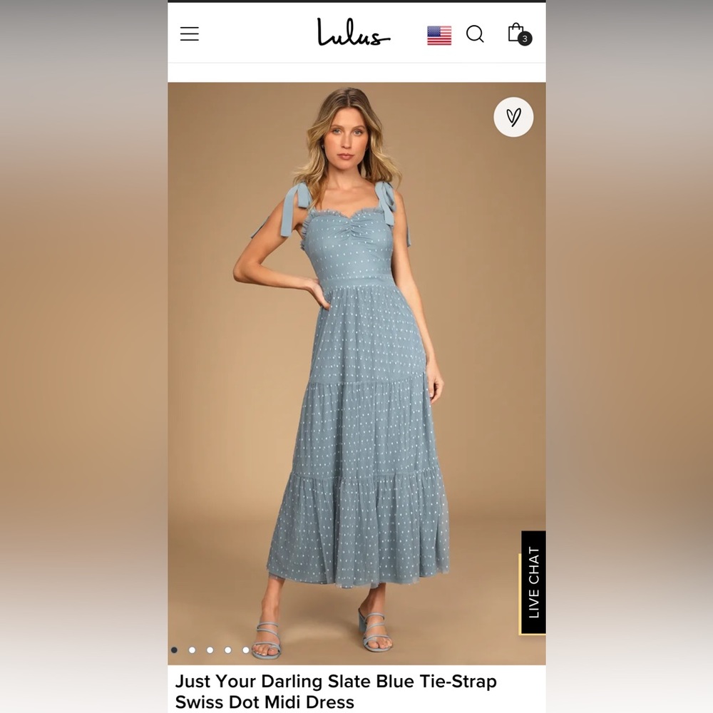 Lulus just your darling slate blue tie strap Swiss dot midi dress